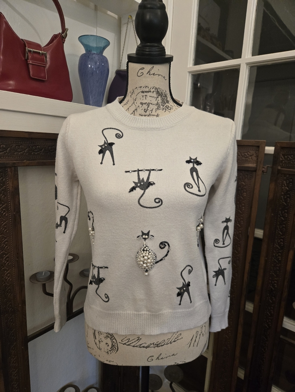 Rare Embellished Cat Sweater, Sz S